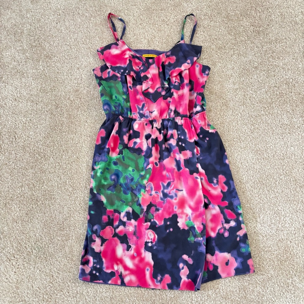 ALICE + OLIVIA MAI SILK WATERCOLOR RUFFLED MINI DRESS M